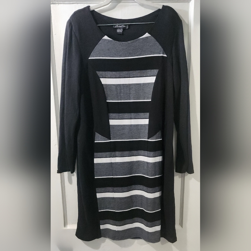 Michael Tyler Black & Gray Striped Panel Long Sleeve Dress XL